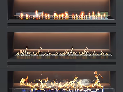 Modern Three Tiered Fireplace Design With Burning Flames And Sleek Frames 3d model