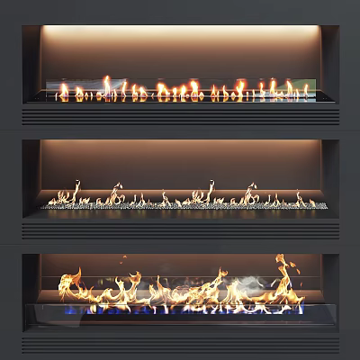 Modern Three Tiered Fireplace Design With Burning Flames And Sleek Frames 3d model