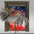 Enchanting Garden Decorative Piece With Angel Statue White Wings Golden Scepter And Starry Nebula Background