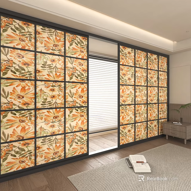 Decorative Room Divider Screen With Orange Yellow Floral Pattern And Black Frame 3d model