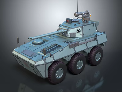 Six Wheeled Armored Military Tank with Turret and Weapon System Design 3d model