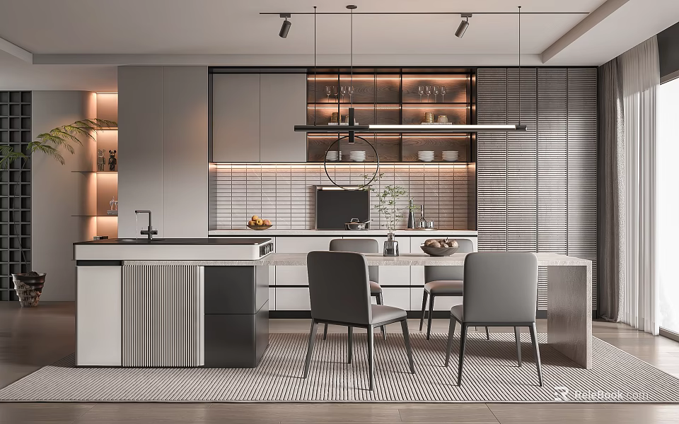 Modern Restaurant Interior Design With Open Kitchen Island Dining Table And Gray Chairs 3d model