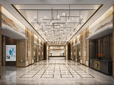 Modern Luxury Store Front Desk with Chandelier Marble Floor and Artwork 3d model