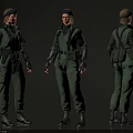 Game Movie Character In Green Uniform With Headband Arm Guards And Backpack Three Angles View