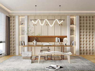 Modern Study Room Interior Design With Open Concept Desk Bookshelves And Pendant Lights 3d model