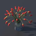 Red And Yellow Tulips Arranged In Transparent Glass Vase On Dark Background With Shadows