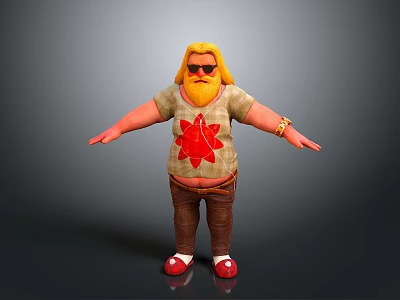 Blonde Bearded Man Wearing Red Flower T-Shirt Brown Pants Red Shoes Gold Bracelet Arms Outstretched 3d model