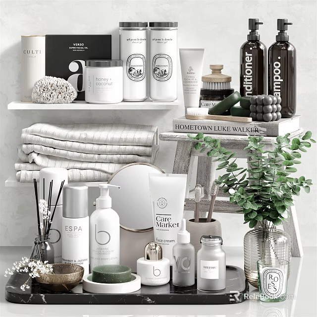 Stylish Bathroom Accessories With Folded Towels Aromatic Bottles And Green Plant On Shelves 3d model 
