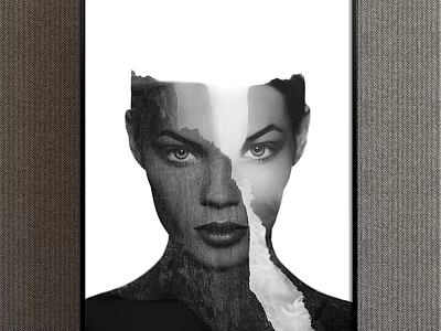 Black and White Framed Portrait Painting With Female Face Half Rock Texture 3d model