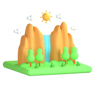 Modern Waterfall Mountain Sun Clouds Natural Landscape Cartoon Natural Landscape 3d model
