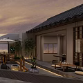 Traditional Chinese Garden Landscape with Outdoor Courtyard Wooden Furniture Green Trees and Stone Lanterns
