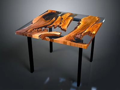 Modern Wooden Table with Transparent Resin Top Unique Grain and Black Metal Legs 3d model