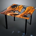 Modern Wooden Table with Transparent Resin Top Unique Grain and Black Metal Legs