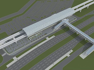 Modern Transportation Hub Featuring Elevated Tracks Glass Roof Parking And Pedestrian Bridge 3d model