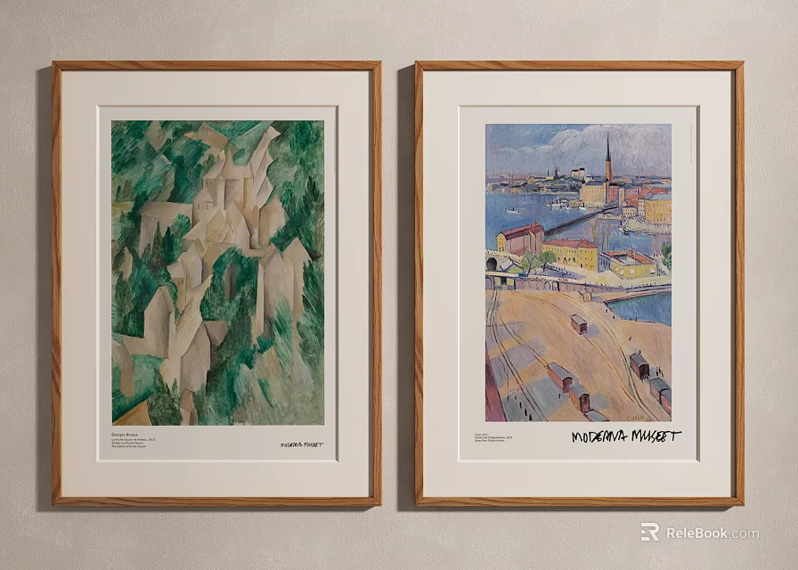 Two Framed Artworks Abstract Green Painting And Vienna Print Landscape On Wall 3d model 