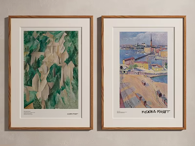 Two Framed Artworks Abstract Green Painting And Vienna Print Landscape On Wall 3d model