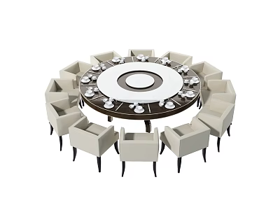 Round Dining Table Set With Central Turntable And Multiple Beige Chairs 3d model