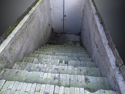 Mossy Broken Brick Stairs With Weathered Concrete Walls And Metal Door 3d model
