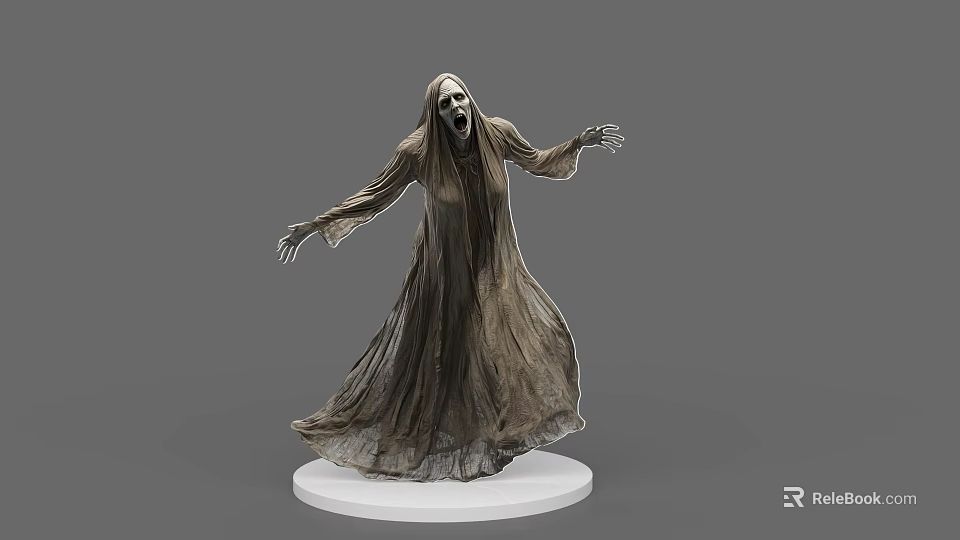 Game and Movie Character Ghostly Woman in Tattered Robe on White Base With Horror Expression 3d model 
