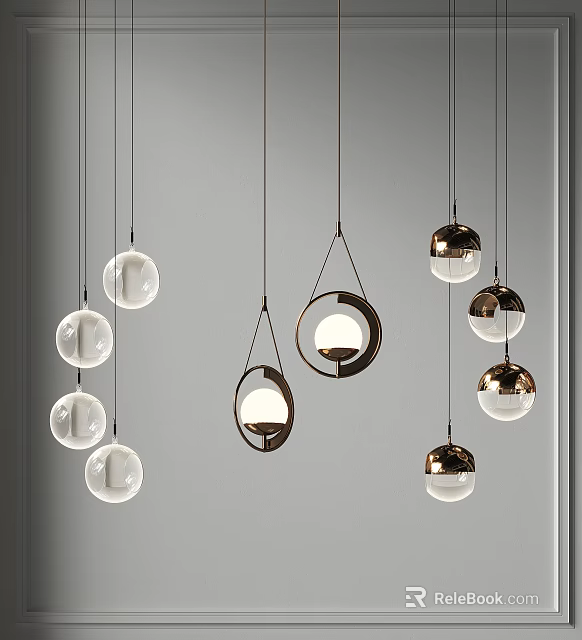 Modern Stylish Pendant Lights With Spherical And Circular Metal Frames Hanging In Gray Background 3d model 