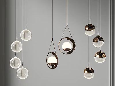 Modern Stylish Pendant Lights With Spherical And Circular Metal Frames Hanging In Gray Background 3d model