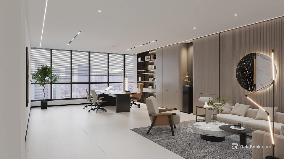 Modern Office Interior Design Featuring Large Windows City View Desk Chairs Bookshelves And Green Plants 3d model 