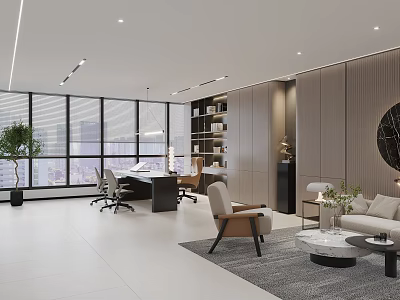 Modern Office Interior Design Featuring Large Windows City View Desk Chairs Bookshelves And Green Plants 3d model