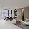 Modern Office Interior Design Featuring Large Windows City View Desk Chairs Bookshelves And Green Plants