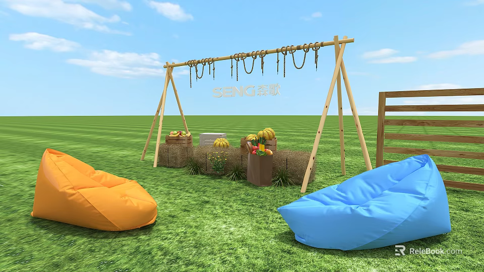 Outdoor Grass Area With Sunday Wooden Swing Frame Orange Blue Bean Bags And Fruit Baskets 3d model 