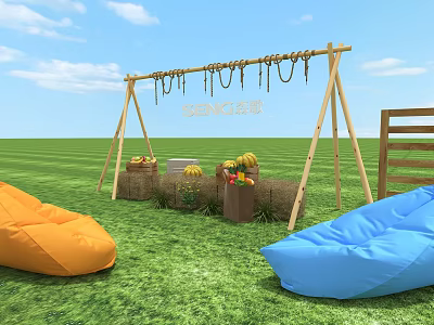Outdoor Grass Area With Sunday Wooden Swing Frame Orange Blue Bean Bags And Fruit Baskets 3d model