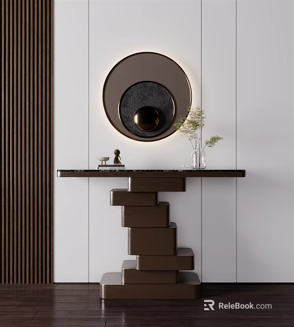 Modern Console Table Design With Round Mirror Green Plant And Decorative Ornaments On Top 3d model 