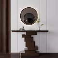 Modern Console Table Design With Round Mirror Green Plant And Decorative Ornaments On Top