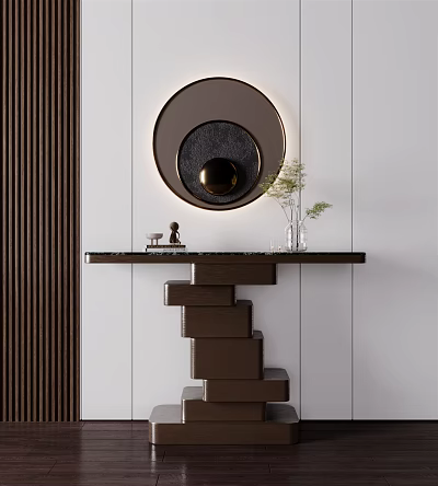 Modern Console Table Design With Round Mirror Green Plant And Decorative Ornaments On Top 3d model