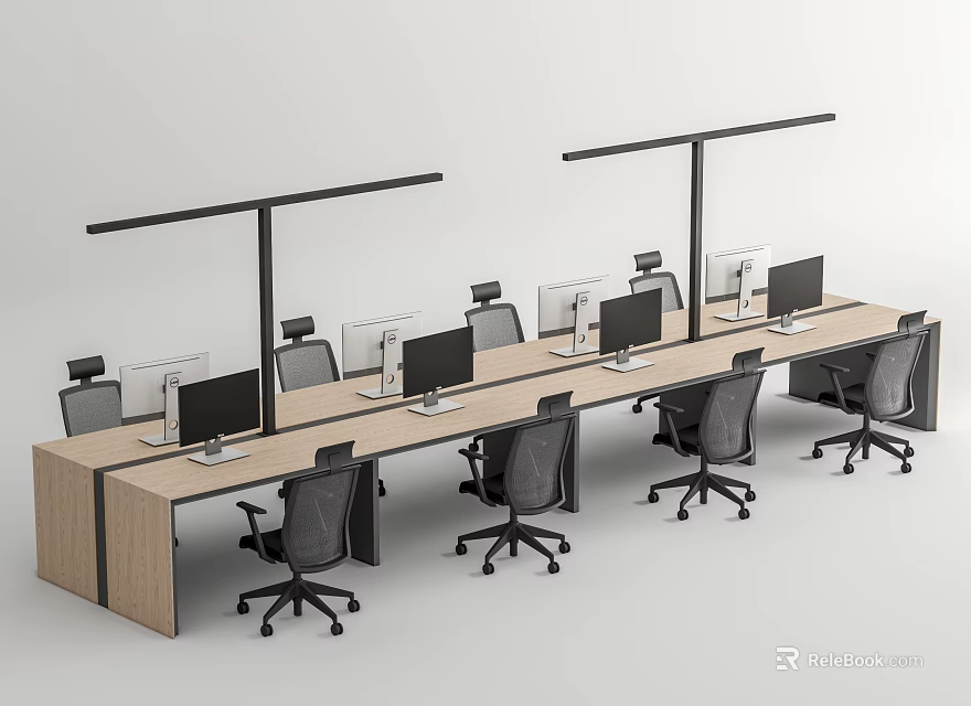 Modern Office Desk Setup With Multiple Workstations Black Chairs And Computer Monitors 3d model 