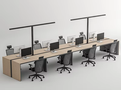 Modern Office Desk Setup With Multiple Workstations Black Chairs And Computer Monitors 3d model