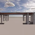 Outdoor Open Pavilion With White Columns Wooden Roof And Cloudy Blue Sky