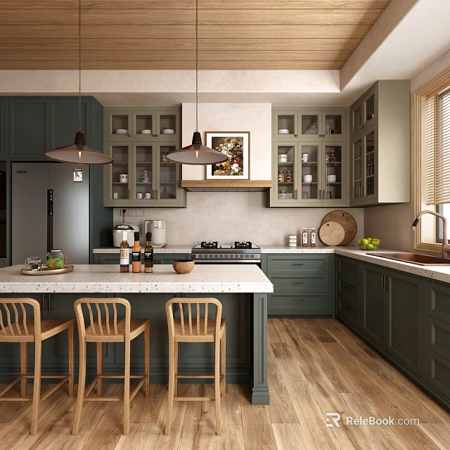 Dark Green Kitchen Interior With White Island Counter And Hanging Pendant Lights 3d model 