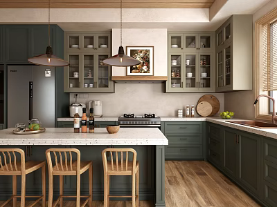 Dark Green Kitchen Interior With White Island Counter And Hanging Pendant Lights 3d model