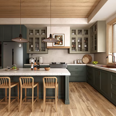 Dark Green Kitchen Interior With White Island Counter And Hanging Pendant Lights 3d model