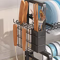 Kitchen Multi Tier Dish Rack With Plates Bowls Knives Cutting Board Fruits And Potted Plant
