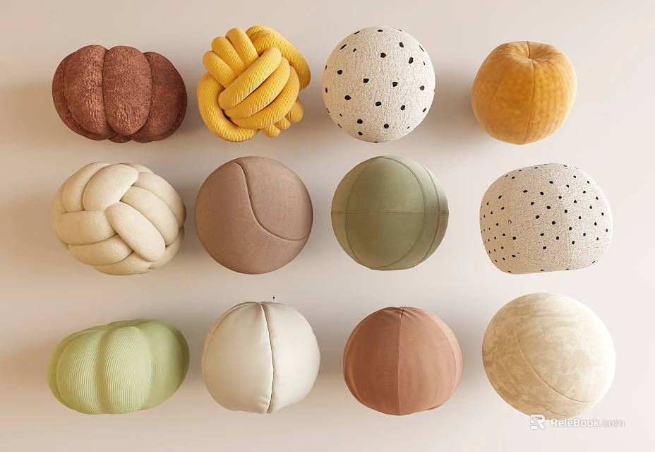 Stylish Ottoman Poufs with Various Colors and Different Textured Designs for Home Decor 3d model 