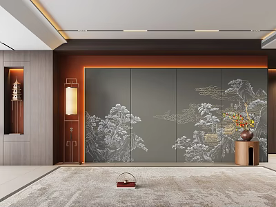 Zen New Chinese Style Living Room Sofa Background Wall Chinese Style Mural Sofa Background Dark Style Background Wall Floor Lamp Pagoda Ornaments 3d model
