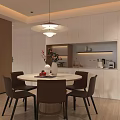 Modern Restaurant Interior With Open Kitchen Round Table Pendant Light And White Cabinets