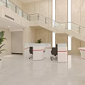 Modern Service Hall Interior Design With Service Desks Digital Display And Green Plants