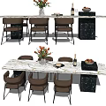 Elegant Dining Table Set With Marble Top Brown Chairs Flower Vase Wine Bottle And Fruits