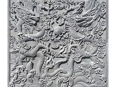 Intricate Traditional Dragon Cloud Stone Relief Carving With Detailed Patterns 3d model