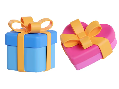 Decorative Ornament Set Featuring Blue Square And Pink Heart Shaped Gift Boxes With Yellow Bows 3d model
