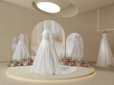 Bridal Shop Display With White Wedding Dresses Arched Mirrors And Floral Decor 3d model