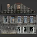 Vintage Residential Building with Wooden Exterior Tiled Roof Chimneys Multiple Windows and Small Annex