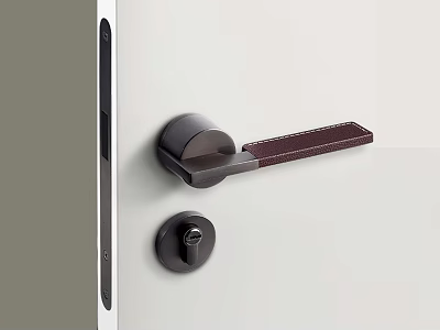 Modern Sleek Metal Door Handle With Leather Accent On Light Colored Door And Lock Cylinder 3d model